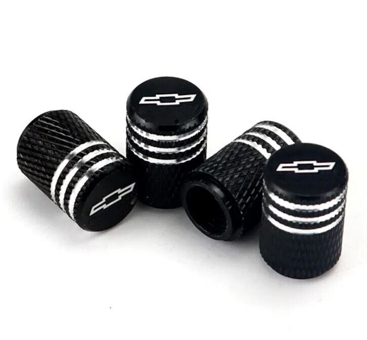 4x Black Aluminum Tire Air Valve Stem Cap Fits Most Chevy Trucks, Cars & SUVs